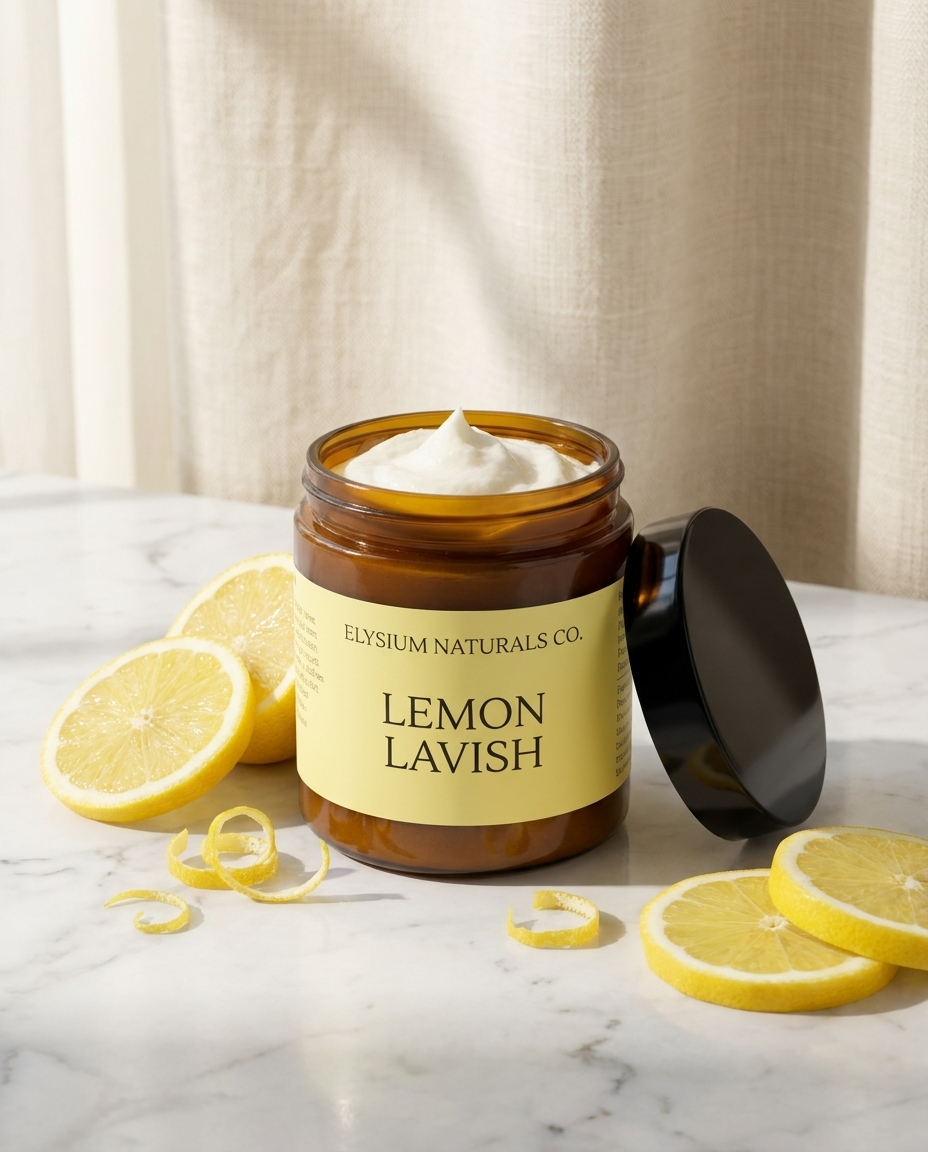 Lemon Lavish Whipped Body Butter — Elysium Naturals Co. amber jar with lemon on marble