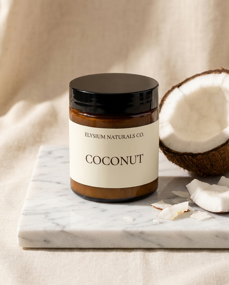 Coconut Whipped Body Butter — Elysium Naturals Co. amber jar with coconut on marble