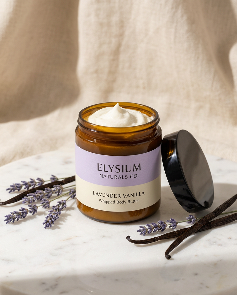 Lavender Vanilla Whipped Body Butter — Elysium Naturals Co. amber jar with lavender and vanilla on marble