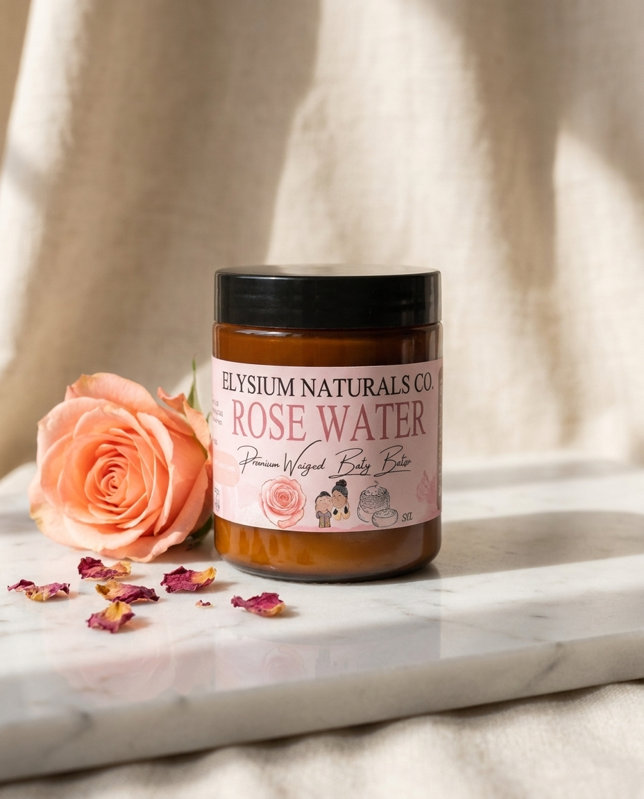 Rose Water Whipped Body Butter jar with rose on marble — Elysium Naturals Co.