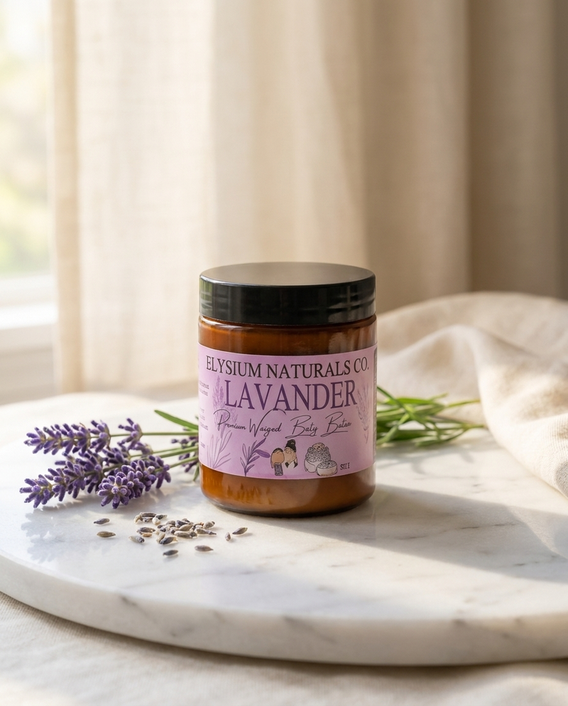 Lavender Whipped Body Butter jar with lavender sprigs on marble — Elysium Naturals Co.