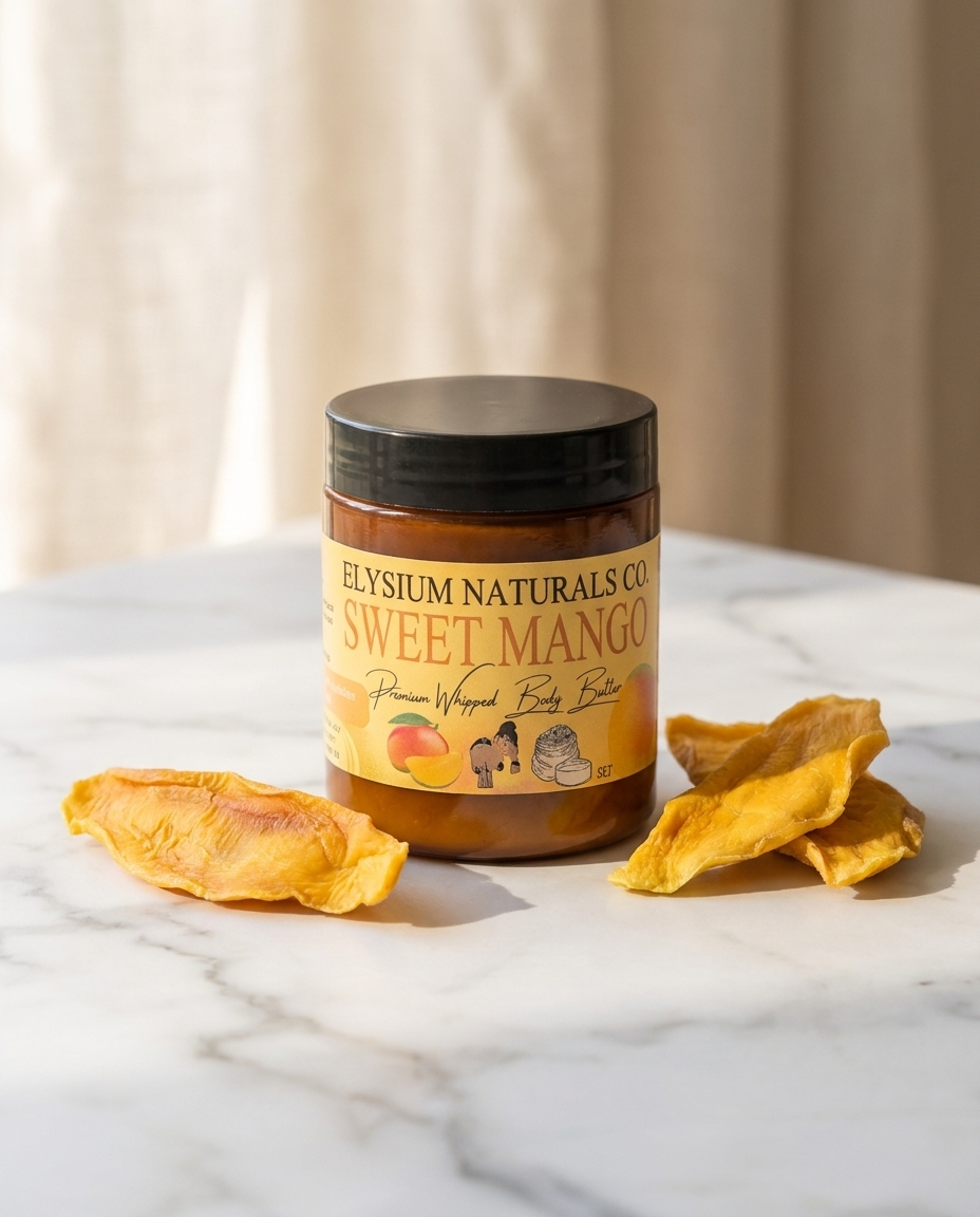 Sweet Mango Whipped Body Butter jar with dried mango on marble — Elysium Naturals Co.