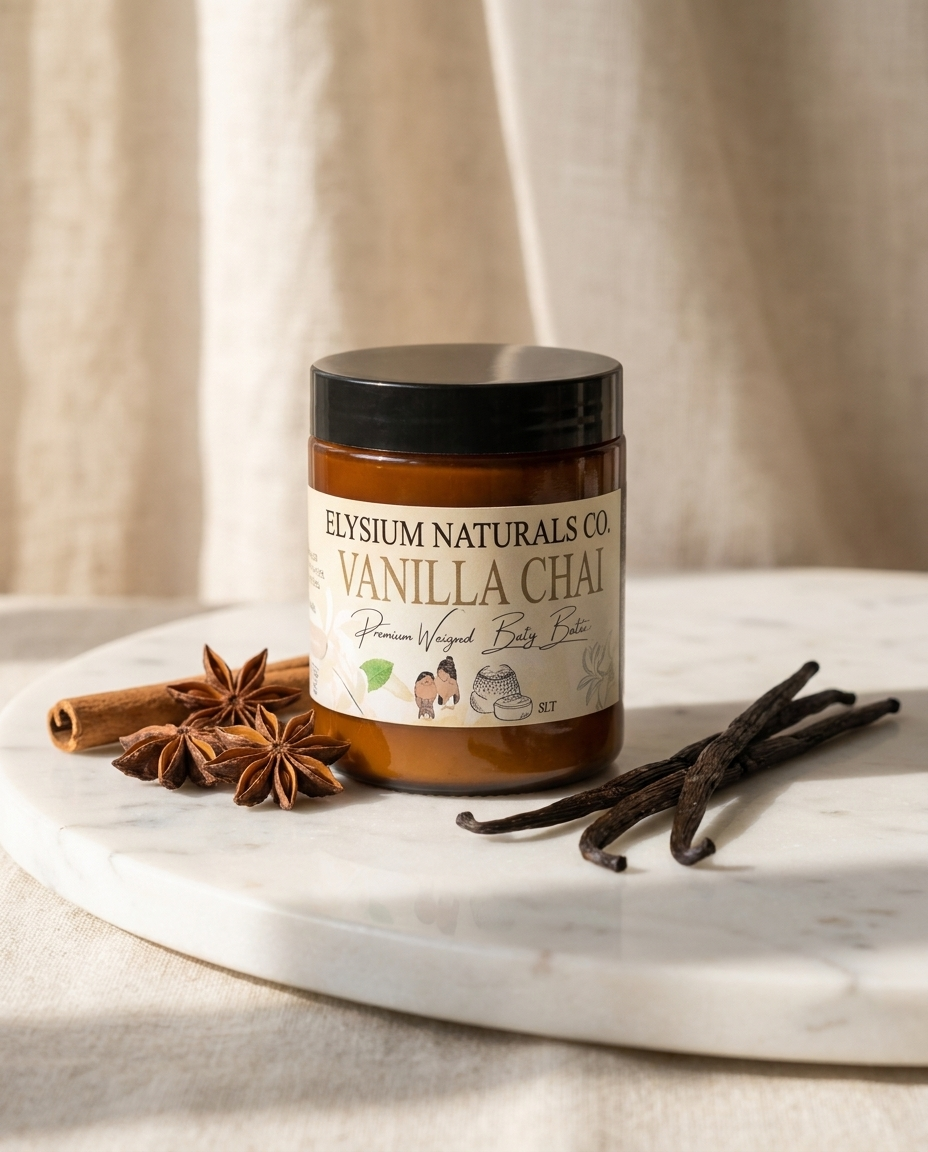 Vanilla Chai Whipped Body Butter jar with chai spices on marble — Elysium Naturals Co.