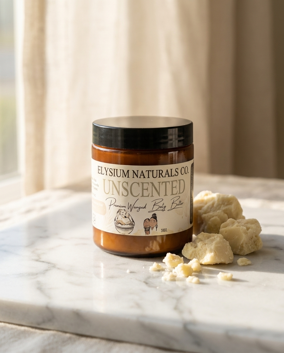 Unscented Whipped Body Butter jar with raw shea on marble — Elysium Naturals Co.