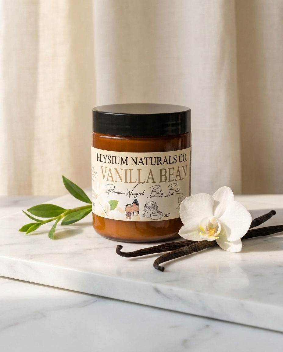 Vanilla Bean Whipped Body Butter jar with vanilla pods on marble — Elysium Naturals Co.