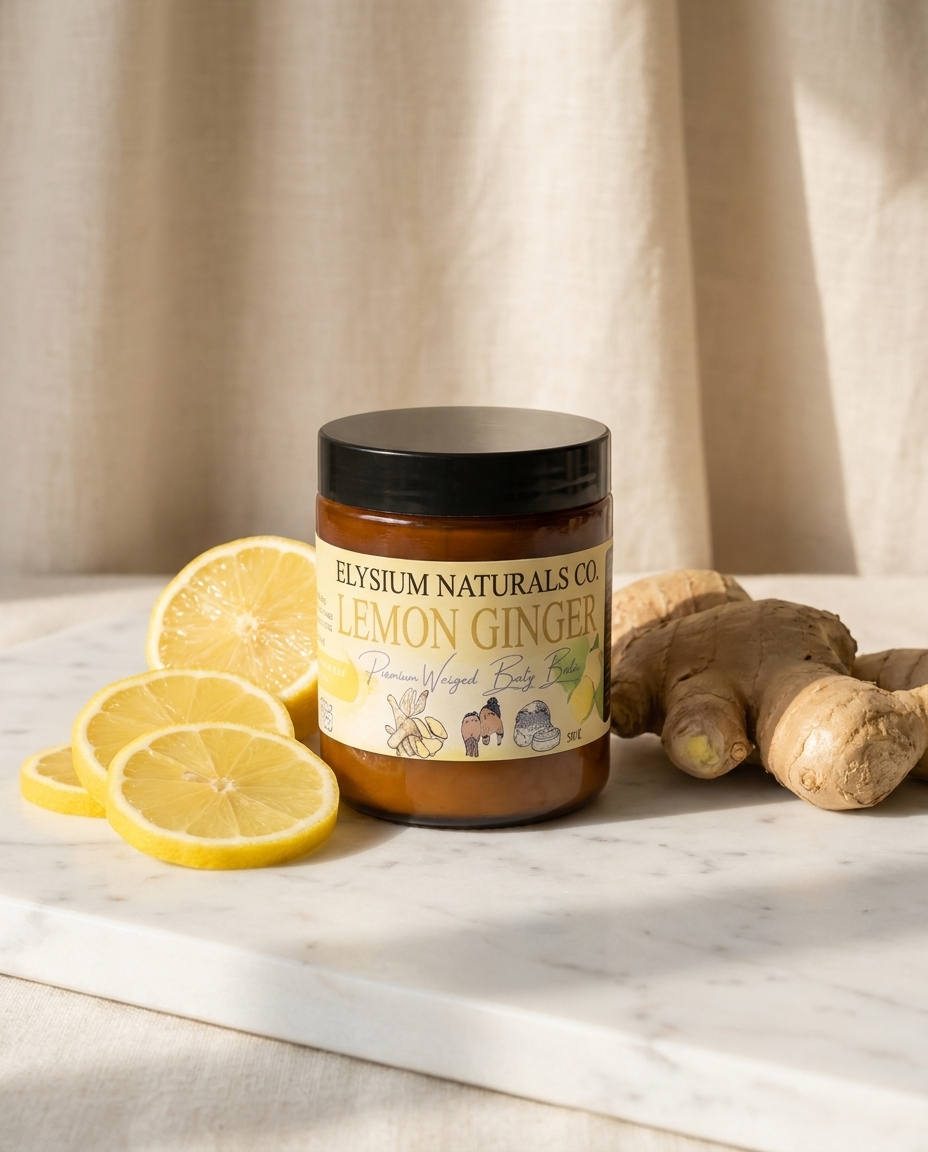 Lemon Ginger Whipped Body Butter jar with lemon and ginger on marble — Elysium Naturals Co.