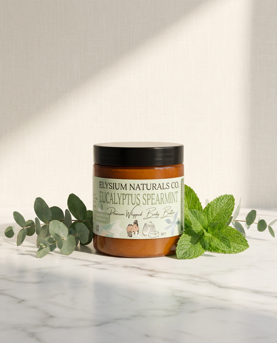 Eucalyptus Spearmint Whipped Body Butter jar with eucalyptus and mint on marble — Elysium Naturals Co.