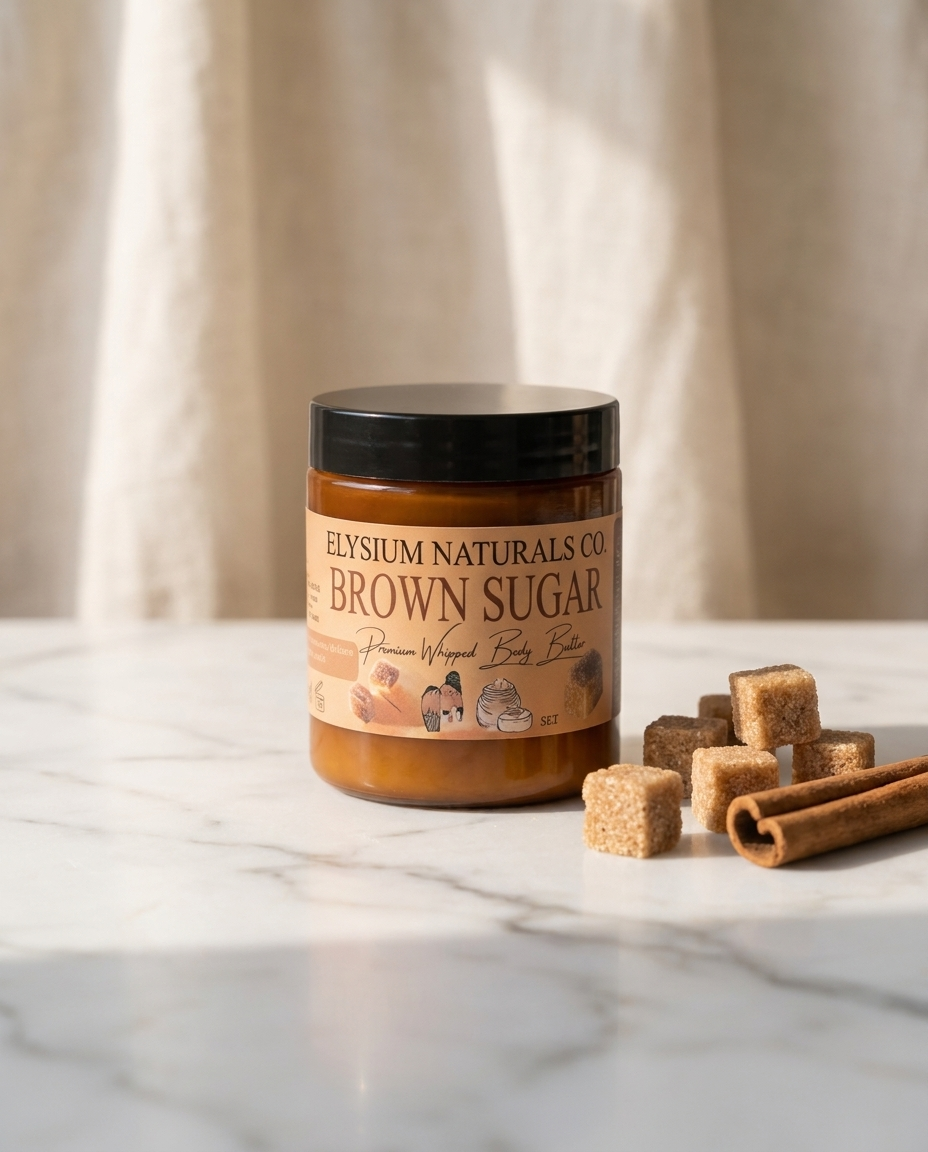 Brown Sugar Whipped Body Butter jar with sugar cubes and cinnamon on marble — Elysium Naturals Co.