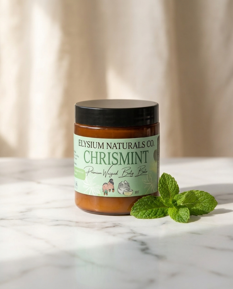 ChrisMint Whipped Body Butter jar with fresh mint on marble — Elysium Naturals Co.